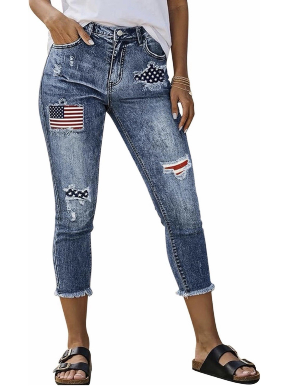 Flamingals Mid Rise Capri Skinny Wash Crop American Flag Jeans S